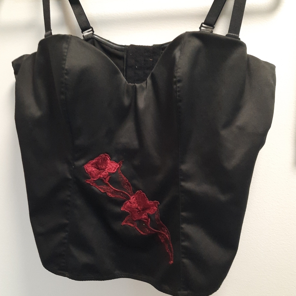 Black Satin with Red Embroidered Flower Camisole